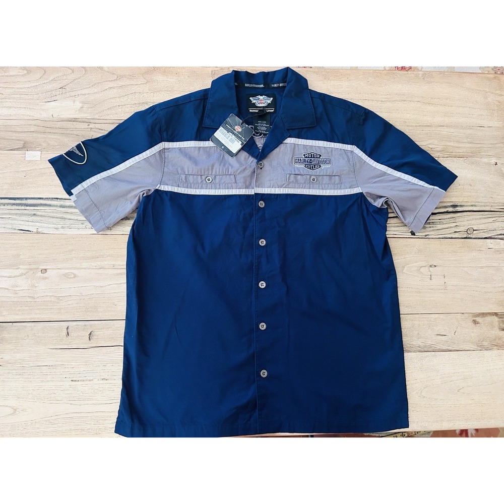 Harley Davidson Men's Blue Colorblocked Long Bar & Shield S/S Button Shirt L